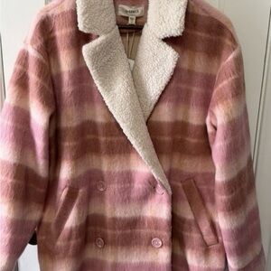 l*space Pink & Cream Plaid Sherpa-Lined Pea Coat